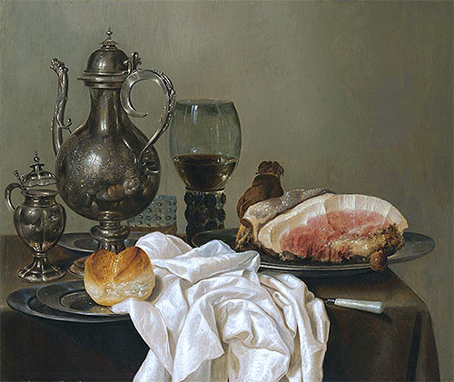 A Still Life with a Silver Tazza, a Roemer with White Wine and Ham, undated | Claesz Heda | Gemälde Reproduktion