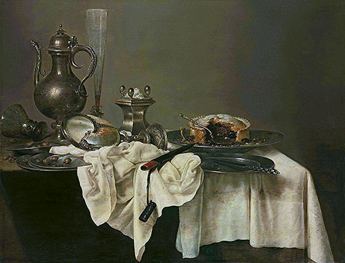 A Blackberry Pie, Upturned Nautilus Cup and a Silver Ewer, 1643 | Claesz Heda | Gemälde Reproduktion