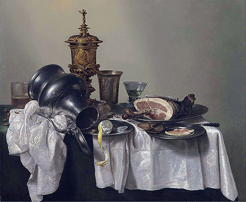 A Ham, a Peeled Lemon and an Upturned Tankard, 1655 | Claesz Heda | Painting Reproduction