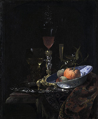 Wine Glass on a Gilded Silver Foot and a Bowl of Fruit, 1663 | Willem Kalf | Painting Reproduction