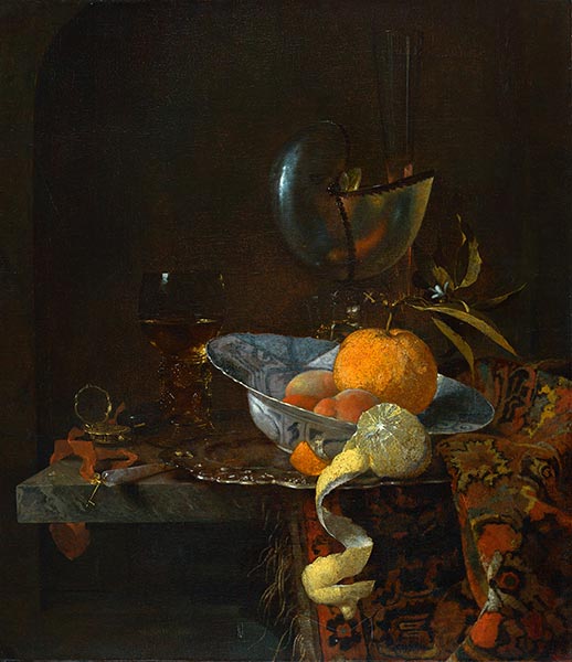 Stillleben mit Porzellanschale und Nautilusbecher, 1660 | Willem Kalf | Gemälde Reproduktion