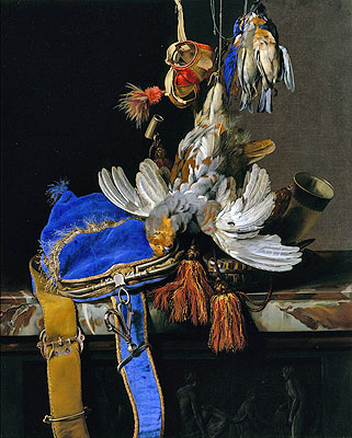 A Still Life of Game and a Blue Velvet Game Bag on a Marble Ledge, c.1665 | Willem van Aelst | Painting Reproduction
