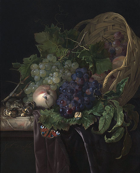Peaches, Chestnuts and Grapes in an Overturned Basket Resting on a Partially Draped Marble Ledge, 1677 | Willem van Aelst | Painting Reproduction