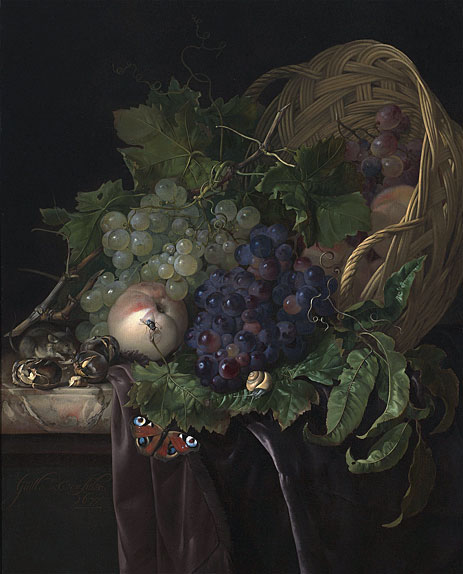Peaches, Chestnuts and Grapes in an Overturned ..., 1677 by Willem van Aelst | Painting Reproduction