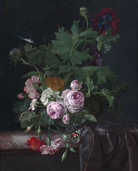 Peonies, Carnations, Thistles and other Flowers in a Glass Vase on a Partially Draped Table, 1677 | Willem van Aelst | Painting Reproduction