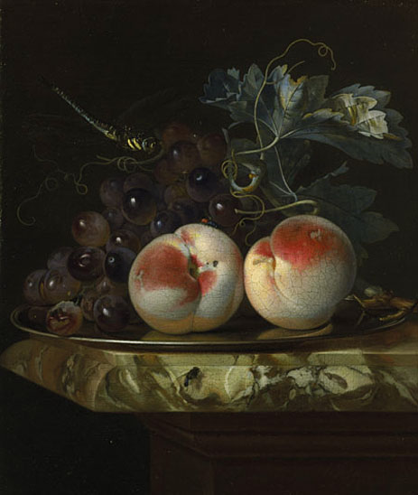 A Still Life with Two Peaches and Bunch of Grapes on a Silver Plate set on a Marble Slab, 1664 | Willem van Aelst | Gemälde Reproduktion