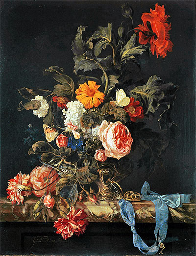 Vase of Flowers with Pocket Watch, 1663 | Willem van Aelst | Gemälde Reproduktion