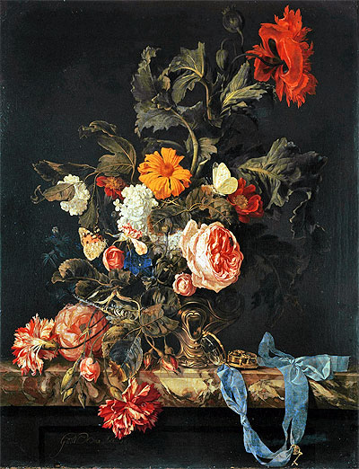 Vase of Flowers with Pocket Watch, 1663 by Willem van Aelst | Painting Reproduction