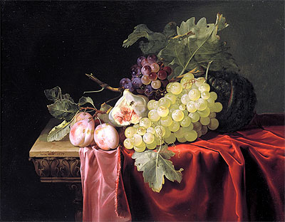 Still Life with Grapes, Plums, Figs and a Melon on a Partly Draped Stone Ledge, 1653 | Willem van Aelst | Painting Reproduction