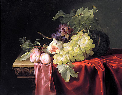 Still Life with Grapes, Plums, Figs and a Melon ..., 1653 by Willem van Aelst | Painting Reproduction