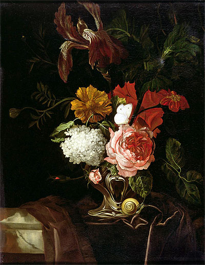 Flowers in a Silver Vase with a Snail and a Butterfly, n.d. by Willem van Aelst | Painting Reproduction