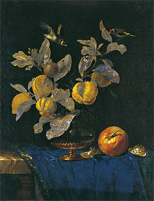 Glass Vase with Branches Bearing Fruit | Willem van Aelst | Painting Reproduction