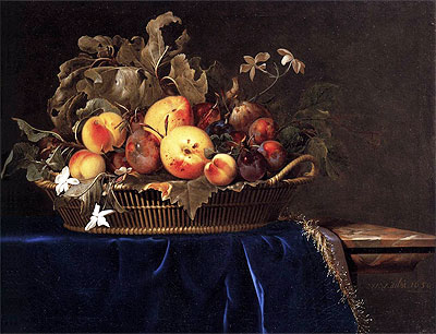 Still Life with a Basket of Fruit on a Marble Ledge, 1650 | Willem van Aelst | Painting Reproduction