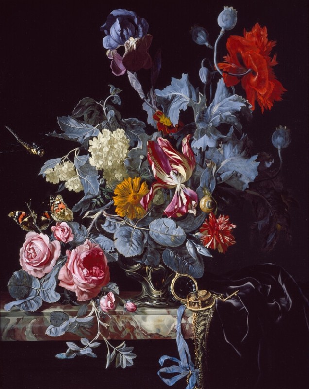 Eine Vase mit Blumen und einer Uhr, c.1642/83 | Willem van Aelst