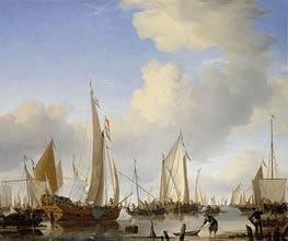 A Calm: A States Yacht Under Sail Close to the Shore, with Many Other Vessels, c.1655 by Willem van de Velde | Painting Reproduction