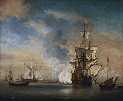 English Warship Firing a Salute, 1690 | Willem van de Velde | Painting Reproduction