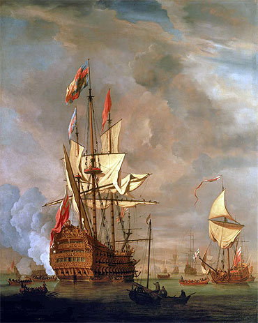 The English Ship 'Royal Sovereign' With a Royal Yacht in a Light Air, 1703 | Willem van de Velde | Painting Reproduction