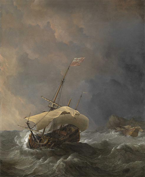 An English Ship in a Gale Trying to Claw off a Lee Shore, 1672 | Willem van de Velde | Painting Reproduction