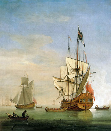 An English Sixth-Rate Ship Firing a Salute As a Barge Leaves, A Royal Yacht Nearby, 1706 | Willem van de Velde | Painting Reproduction