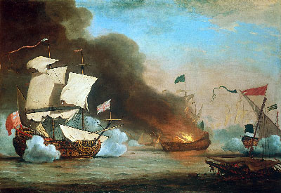 An English Ship in Action with Barbary Corsairs, 1685 | Willem van de Velde | Painting Reproduction