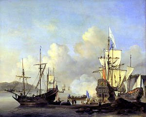 Stille: französische Handelsschiffe vor Anker | Willem van de Velde | Gemälde Reproduktion