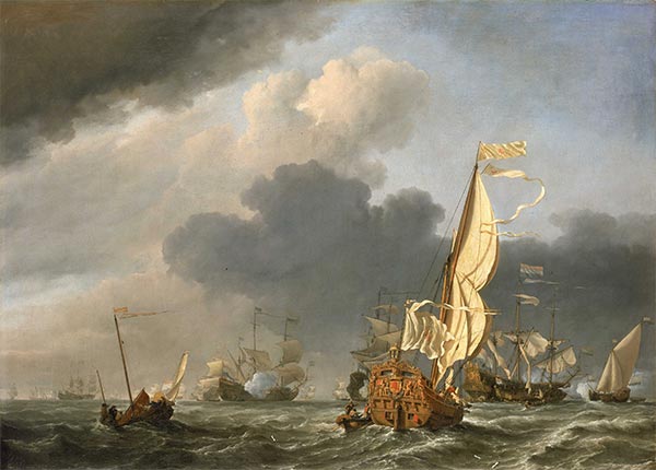 A States Yacht in a Fresh Breeze Running Towards a Group of Dutch Ships, 1673 | Willem van de Velde | Painting Reproduction