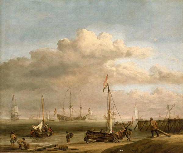 The Dutch coast with a weyschuit being launched and another vessel pushing off from the shore, c.1690 | Willem van de Velde | Gemälde Reproduktion
