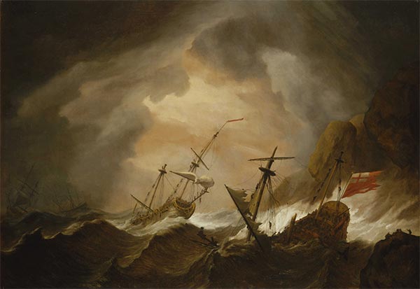 Two English Ships Wrecked in a Storm on a Rocky Coast, c.1700 | Willem van de Velde | Gemälde Reproduktion
