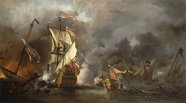 An English Ship in Action with Barbary Vessels, 1678 | Willem van de Velde | Painting Reproduction