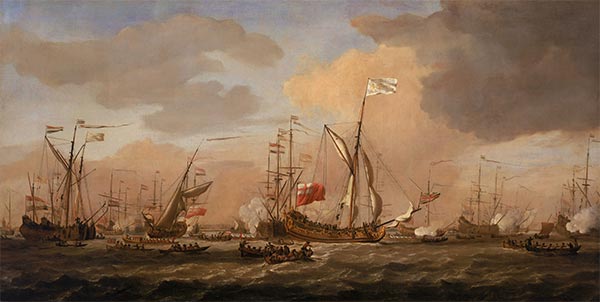 The Mary, Yacht, Arriving with Princess Mary at Gravesend in a Fresh Breeze, 12 February 1689, c.1689 | Willem van de Velde | Painting Reproduction