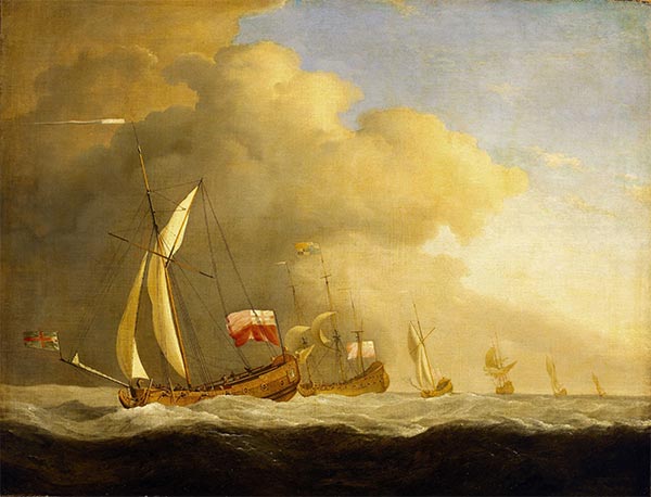 English Royal Yachts at Sea, in a Strong Wind in Company with a Ship Flying the Royal Standard, 1689 | Willem van de Velde | Painting Reproduction