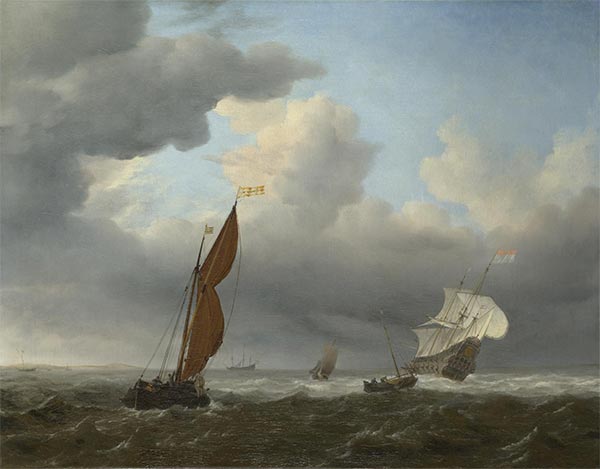 A Dutch Ship and Other Small Vessels in a Strong Breeze, 1658 | Willem van de Velde | Painting Reproduction