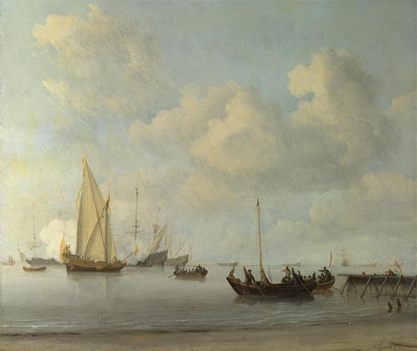 Boats pulling out to a Yacht in a Calm, c.1665 | Willem van de Velde | Gemälde Reproduktion