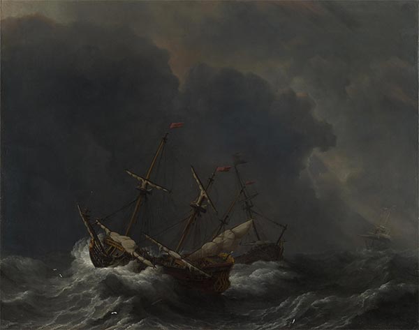 Three Ships in a Gale, 1673 | Willem van de Velde | Painting Reproduction