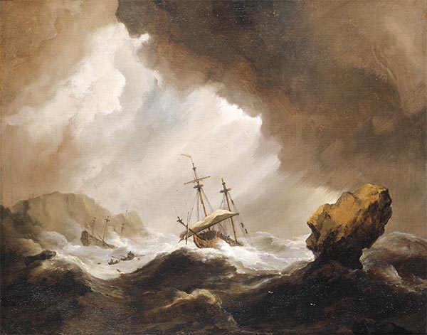 An English Ship Running onto a Rocky Coast in a Gale, c.1690 | Willem van de Velde | Gemälde Reproduktion