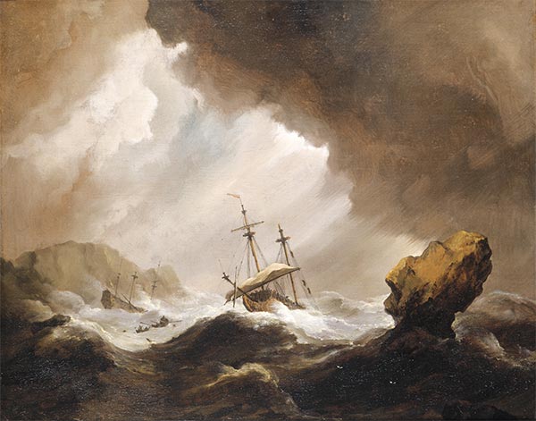 Ein englisches Schiff läuft in einem Sturm auf eine felsige Küste auf | Willem van de Velde | Gemälde Reproduktion