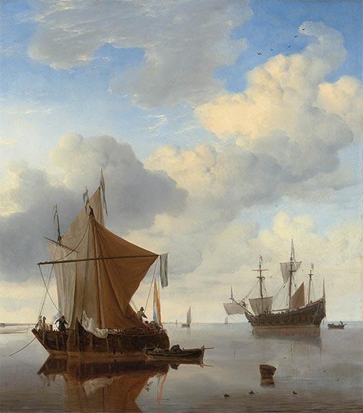 A Calm - A Smalschip and a Kaag at Anchor, c.1675 | Willem van de Velde | Painting Reproduction