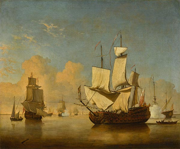 Ein englisches Kriegsschiff, das bei leichtem Wind Anker wirft | Willem van de Velde | Gemälde Reproduktion