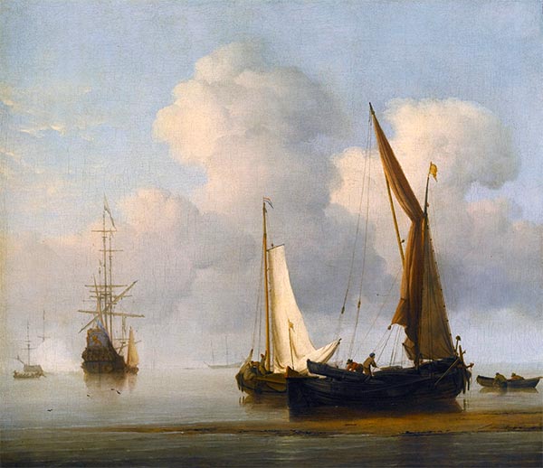 Eine ruhige See mit einem Kaag und einem Boeier nah am Ufer | Willem van de Velde | Gemälde Reproduktion
