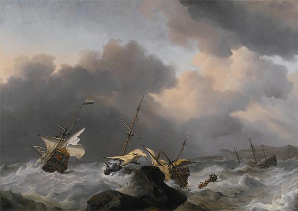 Die Jupiter und ein anderes niederländisches Schiff auf einer felsigen Küste gestrandet | Willem van de Velde | Gemälde Reproduktion