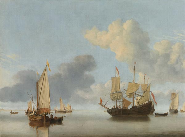Ein niederländisches Schiff vor Anker beim Segeltrocknen und ein Kaag unter Segel | Willem van de Velde | Gemälde Reproduktion