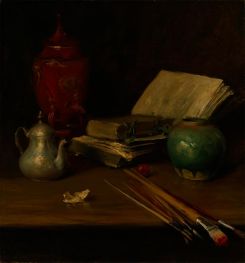 Stillleben (Pinsel, Bücher und Töpferwaren), 1904 von William Merritt Chase | Gemälde-Reproduktion
