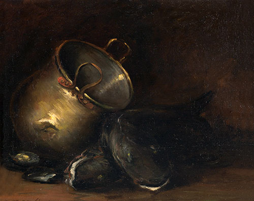 Still Life - Brass Kettle and Catfish, undated | William Merritt Chase | Gemälde Reproduktion