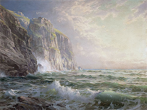 Rocky Cliff with Stormy Sea, Cornwall | William Trost Richards | Painting Reproduction