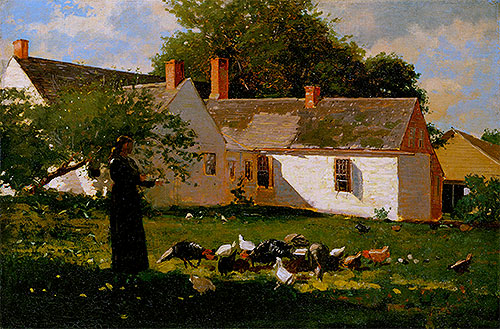 Woman Feeding Chickens and Turkeys, c.1872 | Winslow Homer | Painting Reproduction