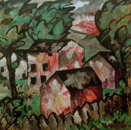 Landscape with Three Red Houses, 1911 by Kazimir Malevich | Painting Reproduction