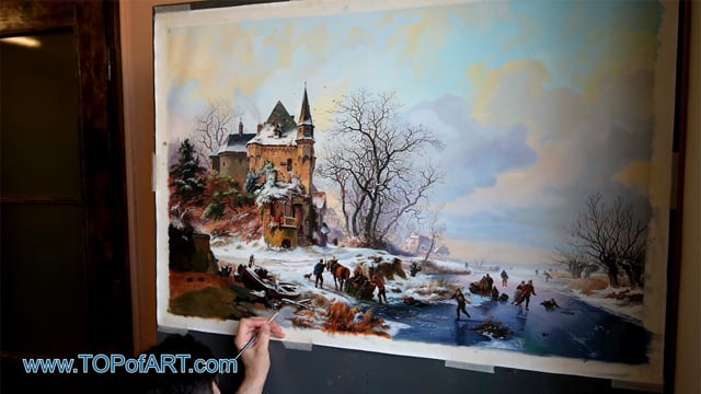 Kruseman | Winterlandschaft mit Skatern vor Burg | Gemälde Reproduktion Video von TOPofART