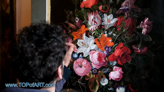 Rachel Ruysch - Flowers in a Glass Vase: A Masterpiece Recreated by TOPofART.com