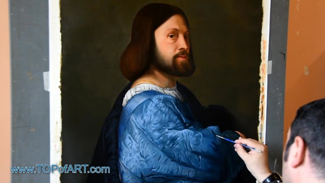 Titian | Ein Mann mit gestepptem Ärmel (Ariosto) | Gemälde Reproduktion Video von TOPofART